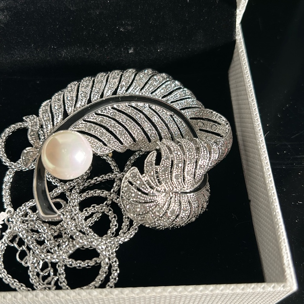 Beautiful silver broach with black and pearl detail.